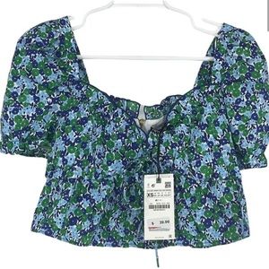 ZARA NWT FLORAL TIE FRONT BLOUSE PUFF SLEEVE BLUE GREEN WHITE